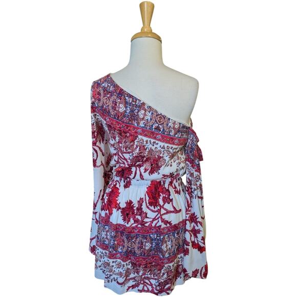 Free People Nomad Dress XS Red Cream One Shoulder Mini Bell Festival Party - Picture 6 of 9